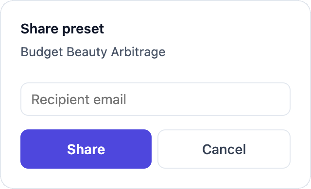 KeepaVault share preset dialog with recipient email input